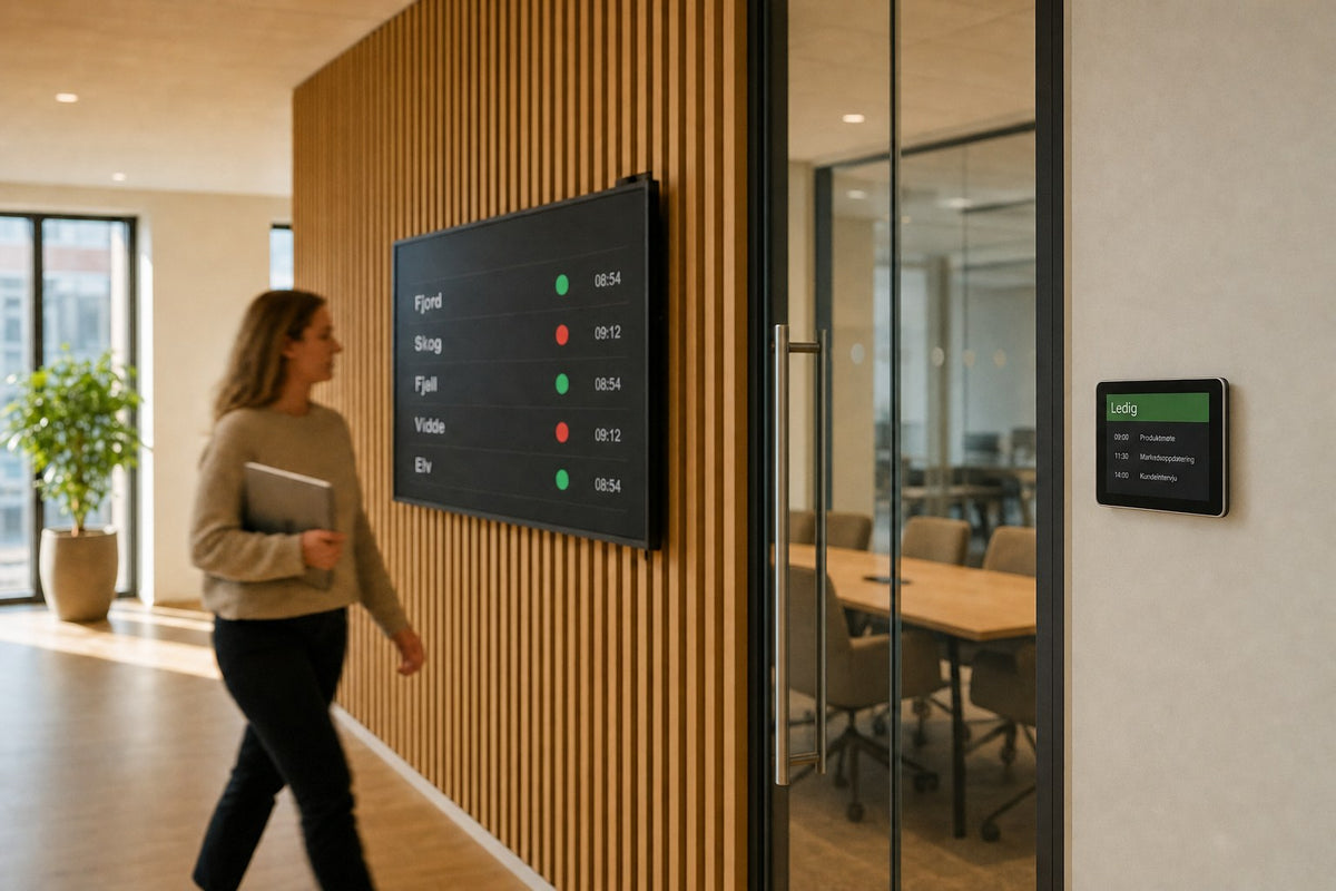 Møterom med grønt bookingpanel ved døra og en oversiktsskjerm over ledige rom på eikeveggen, mens en kollega går forbi i gangen.